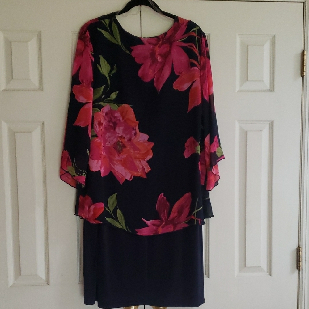 Tiana B Women's Printed Floral Chiffon Mock Overlay Kimono Dress w/Necklace - Picture 6 of 14